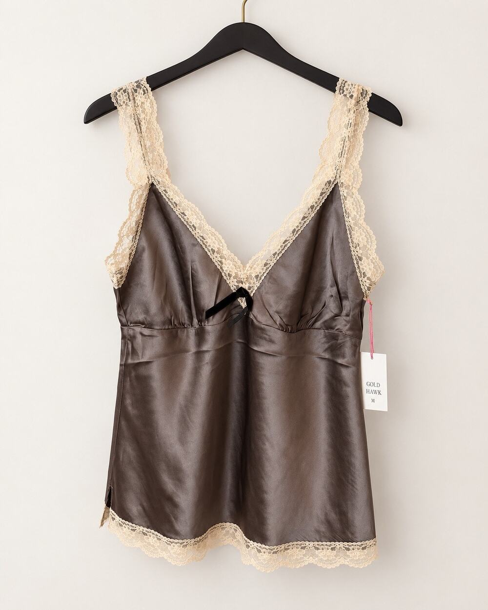 Gold Hawk 100% Silk Lace Trim Camisole Chocolate Brown M NWT